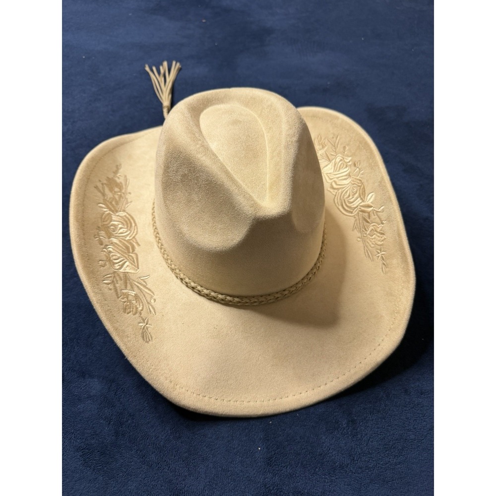 Faux Suede Cowboy Hat Beige Floral Embroidery Western Tassel Boho Large - Picture 2 of 5